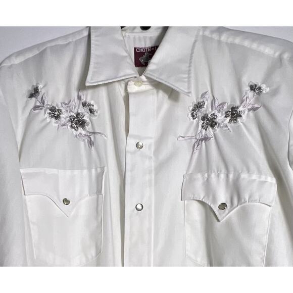 Chute Western Shirt White Embroidered Flowers Pearl Snap Large Cowgirl ranch - Picture 1 of 7